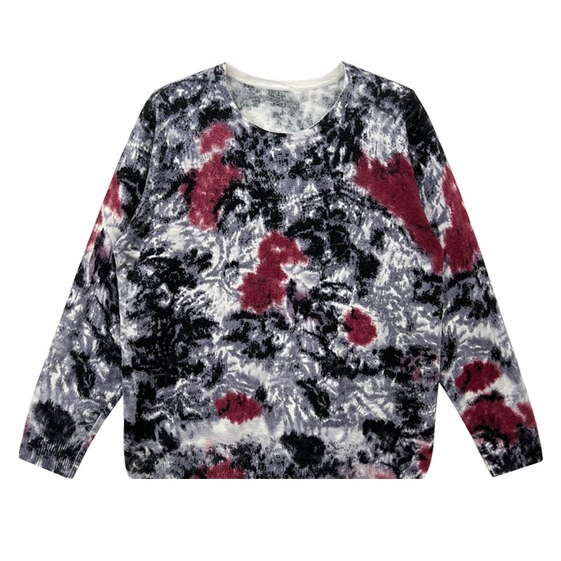 Baifuya Jacquard Fall Pullover Crew Neck Vintage Women's Knitted Oversized Sweater Tie Dye Sublimation Printing T Shirts