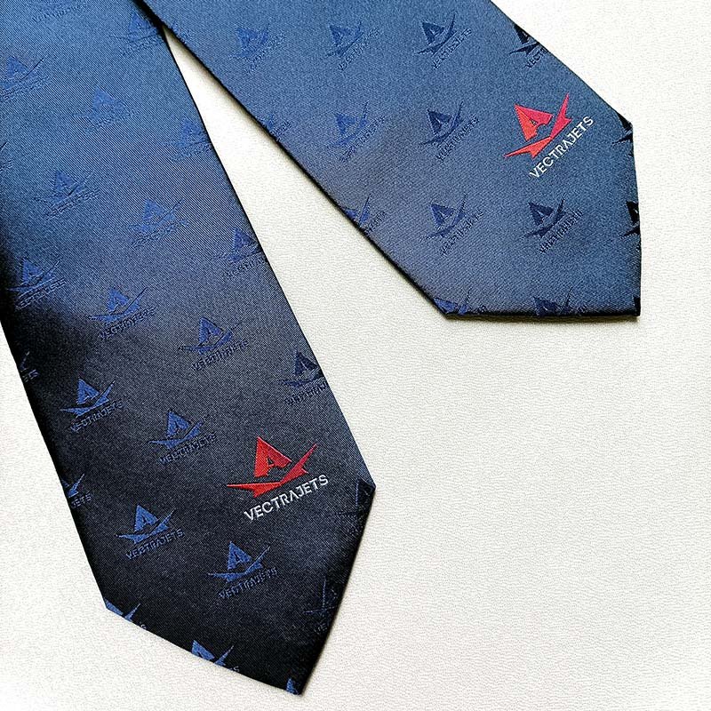 Navy Blue Necktie With Customization Red Logo 100% Silk Tie For Men