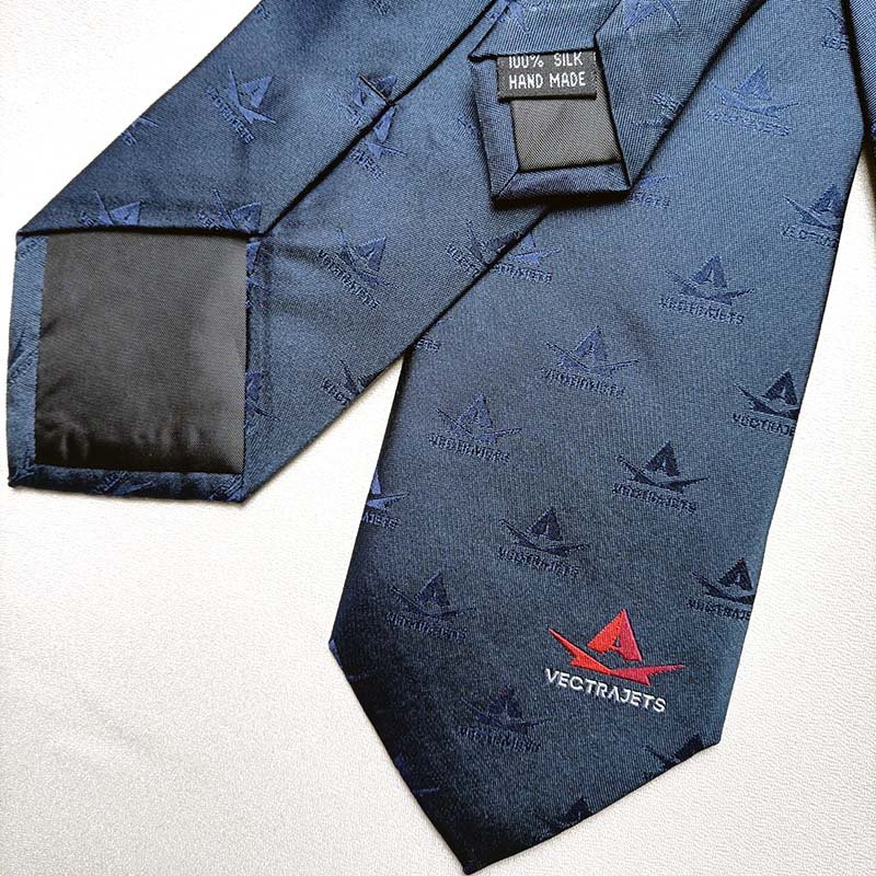 Navy Blue Necktie With Customization Red Logo 100% Silk Tie For Men