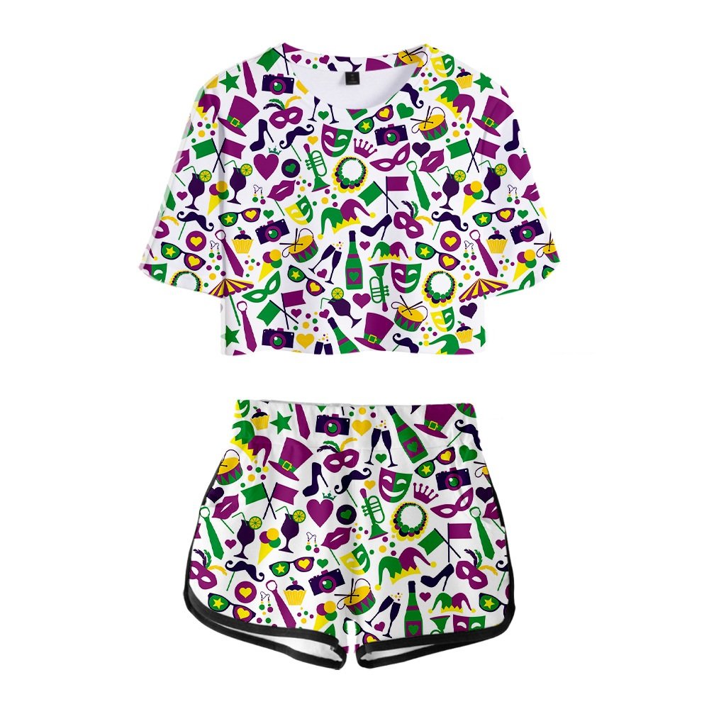 2024 New Orleans Carnival printed suit with navel-baring T-shirt shorts for women and kids