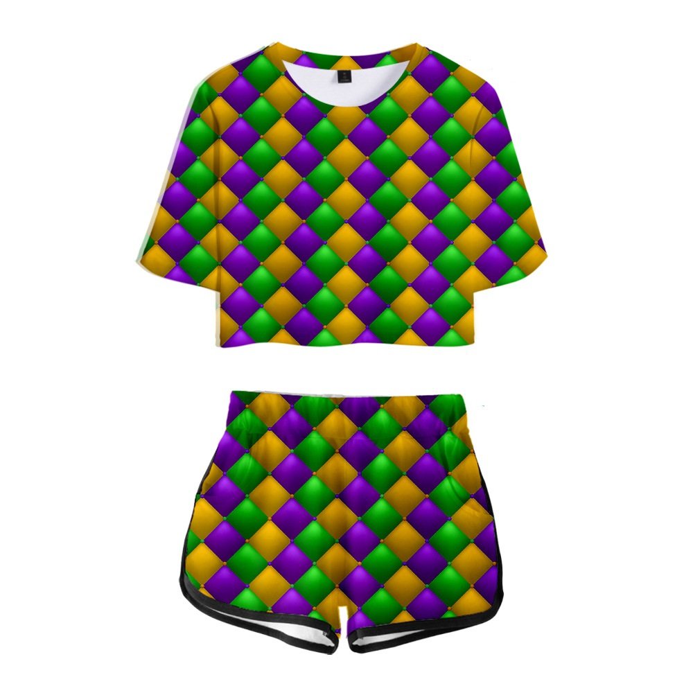 2024 New Orleans Carnival printed suit with navel-baring T-shirt shorts for women and kids