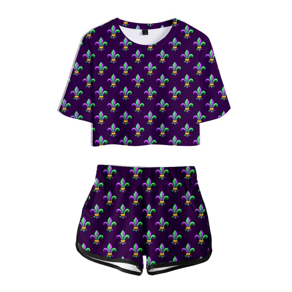 2024 New Orleans Carnival printed suit with navel-baring T-shirt shorts for women and kids