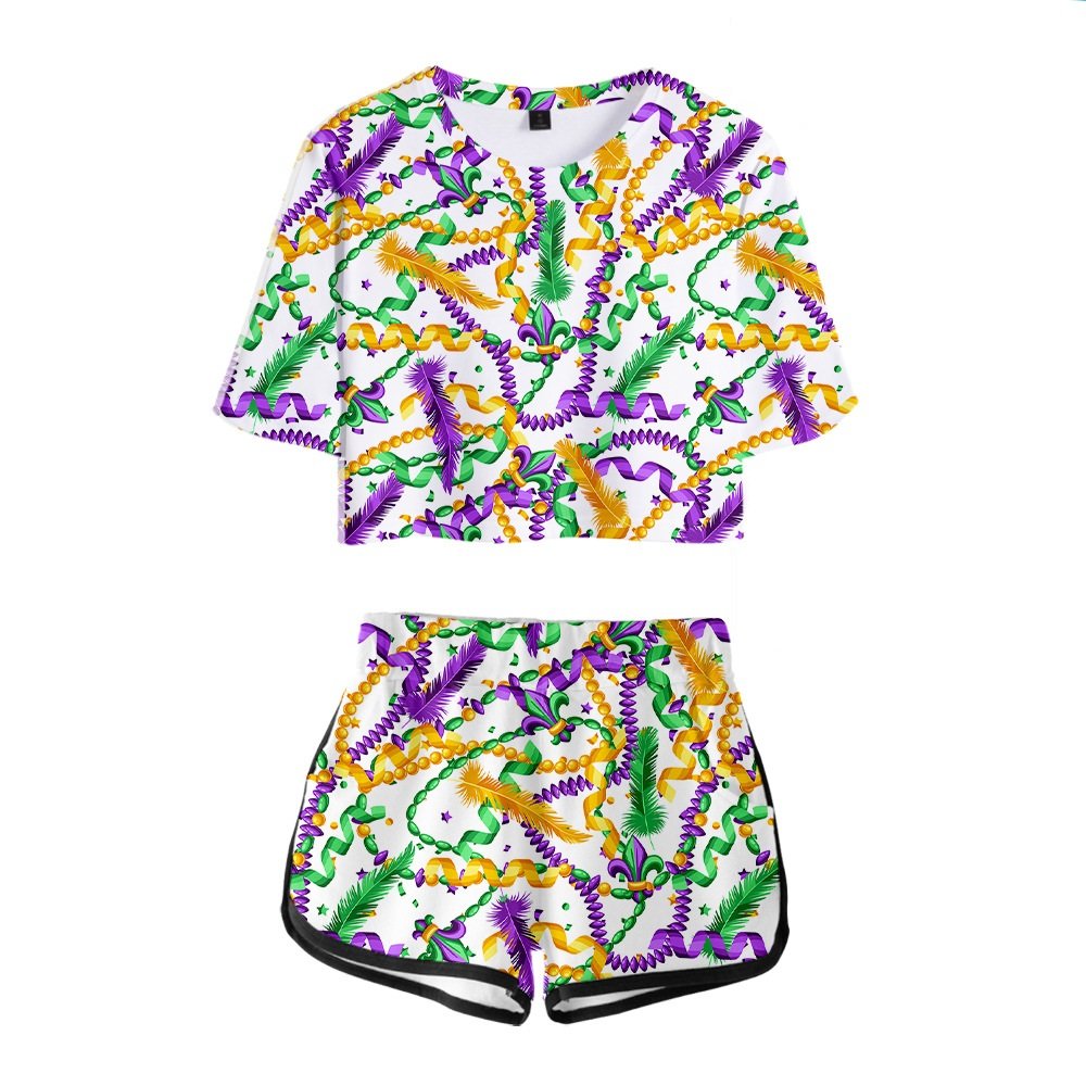 2024 New Orleans Carnival printed suit with navel-baring T-shirt shorts for women and kids