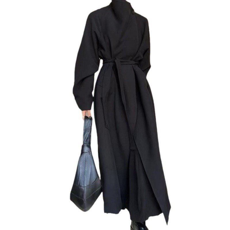 2024 new autumn stand collar lapel two-wear design tie back waist slimming long loose trench coat