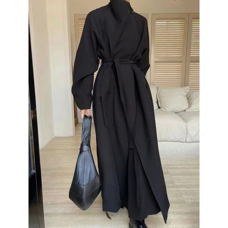 2024 new autumn stand collar lapel two-wear design tie back waist slimming long loose trench coat