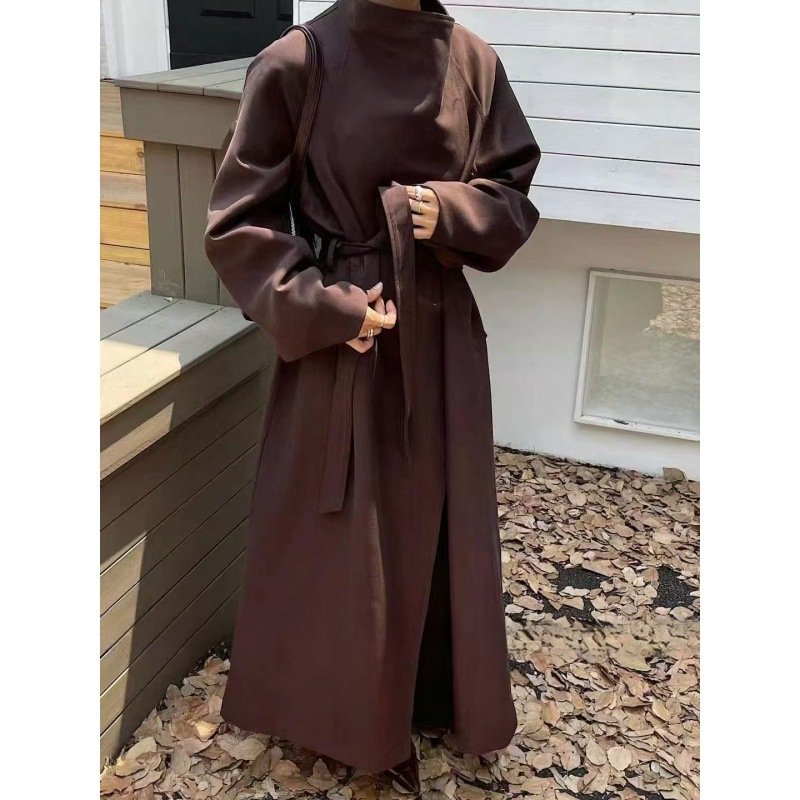 2024 new autumn stand collar lapel two-wear design tie back waist slimming long loose trench coat