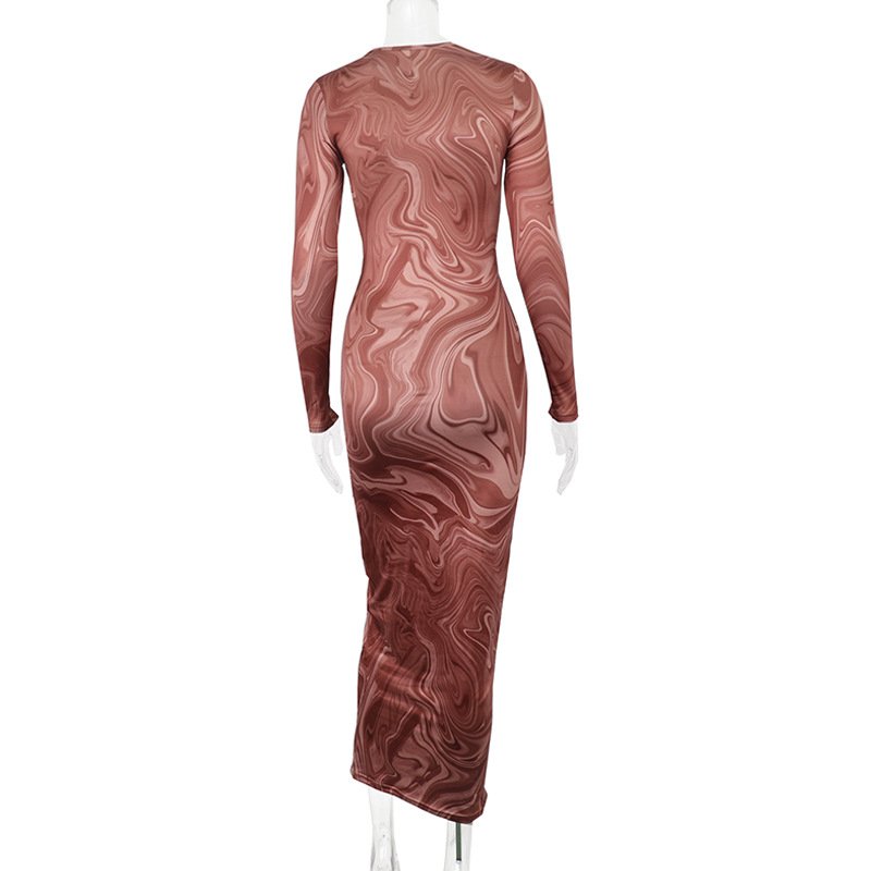 Newest Design Tie-Dye Sexy O-Neck Tight Long Dresses Autumn Long Sleeve Mid-Waist Milk Silk Women Maxi Dress