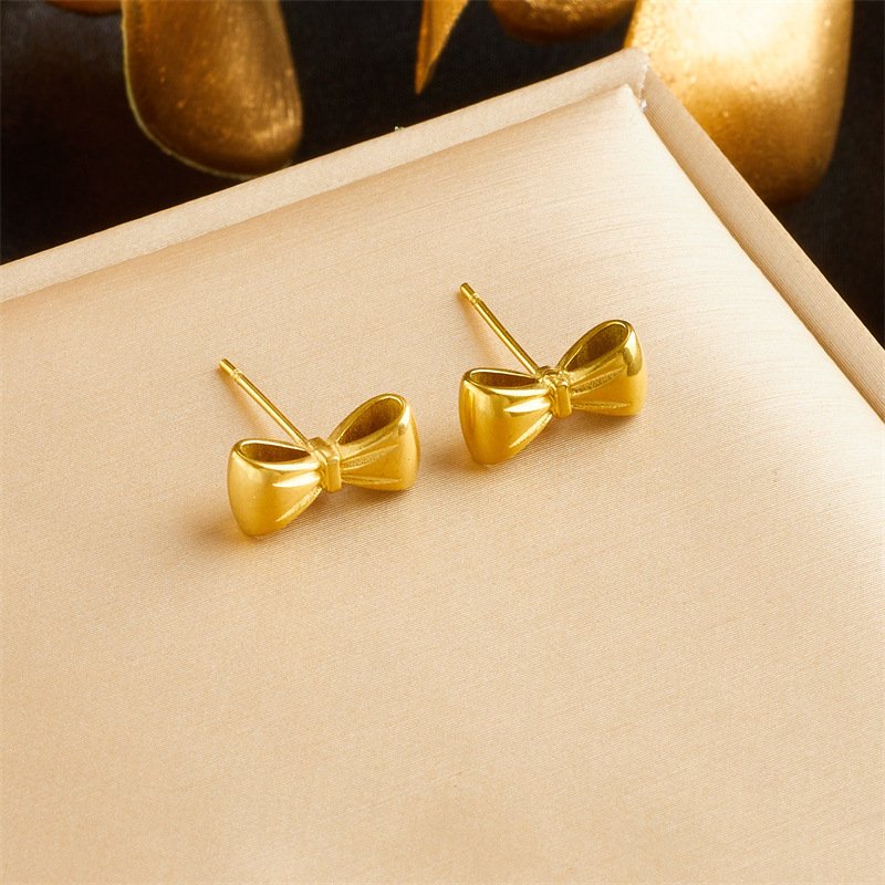 2024 Fashion Stainless Steel Jewelry Set 18K Gold Plated Small Stud Earrings with Bow Tie Waterproof Design