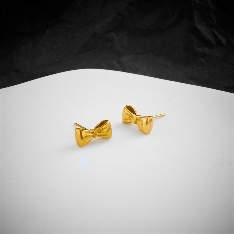 2024 Fashion Stainless Steel Jewelry Set 18K Gold Plated Small Stud Earrings with Bow Tie Waterproof Design