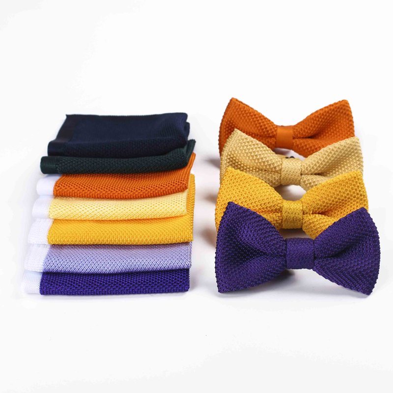 fashion casual men polyester plain knitted bow ties and pocket squares for men