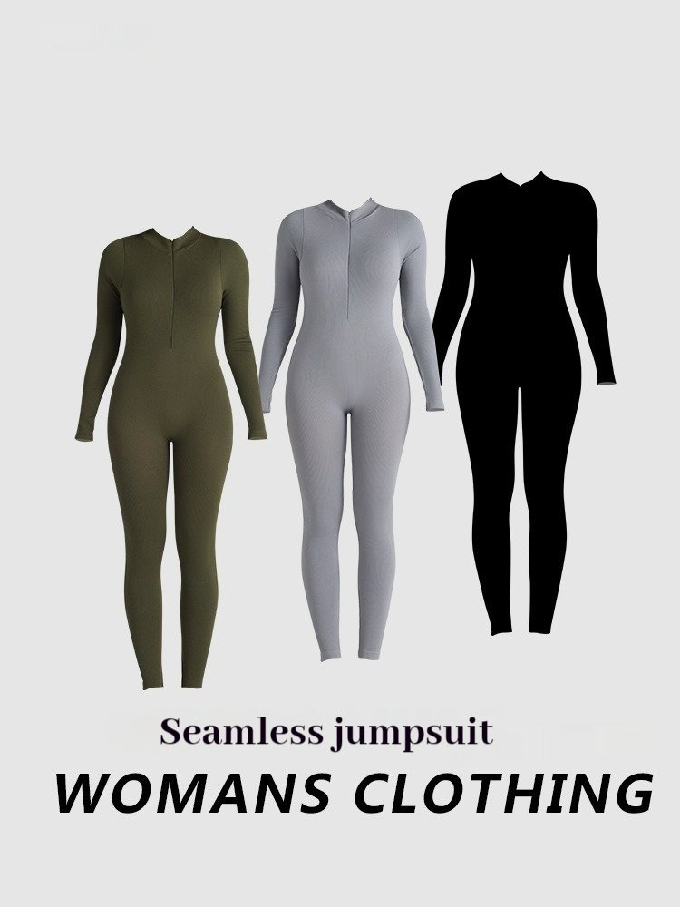 Winter Seamless One Piece Long Sleeve Women Tummy Control Jumpsuit Ribbed Compression Slimming Fit Half Zip Up Workout Jumpsuits