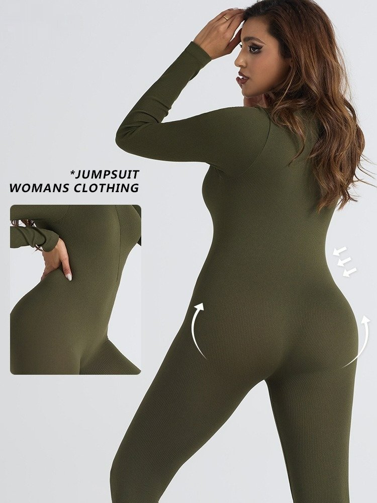 Winter Seamless One Piece Long Sleeve Women Tummy Control Jumpsuit Ribbed Compression Slimming Fit Half Zip Up Workout Jumpsuits