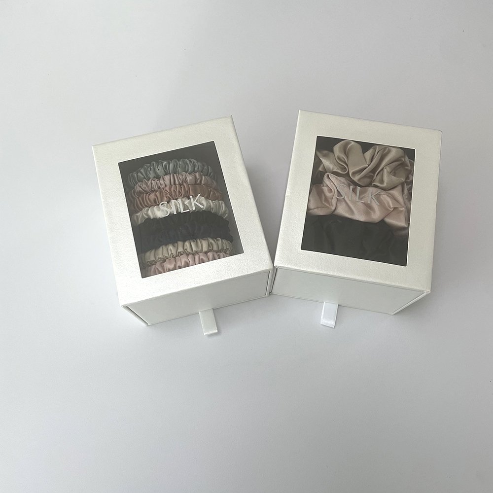 Top 6A Grade Personalized Label Mulberry Silk Scrunchies Customized Packaging Box for Hair Decoration