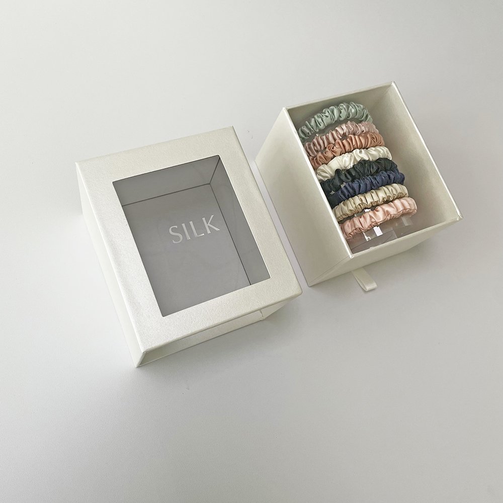 Top 6A Grade Personalized Label Mulberry Silk Scrunchies Customized Packaging Box for Hair Decoration