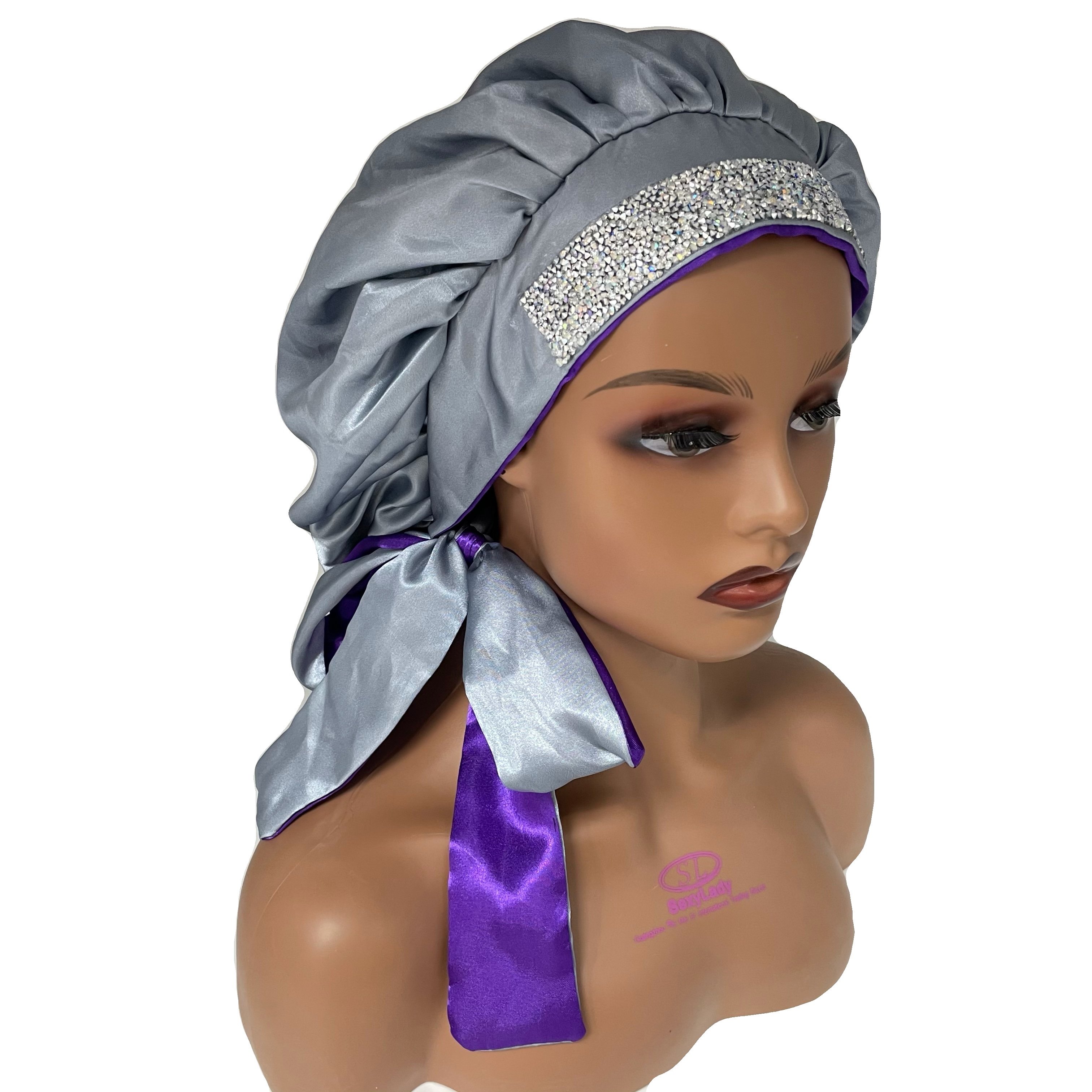 Factory selling high quality luxury silk tie band bonnets custom fashion women bling diamond satin silk hair bonnets