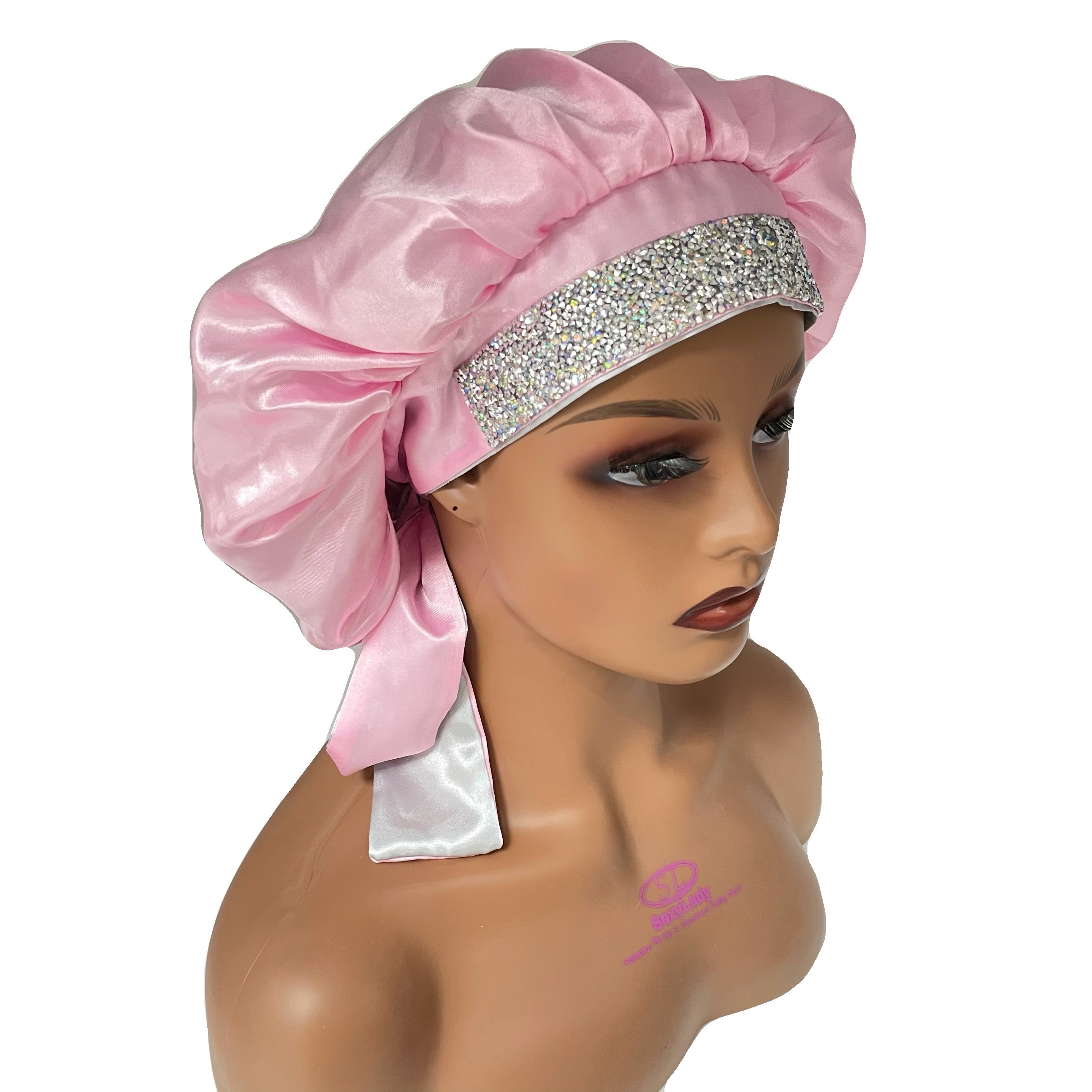 Factory selling high quality luxury silk tie band bonnets custom fashion women bling diamond satin silk hair bonnets
