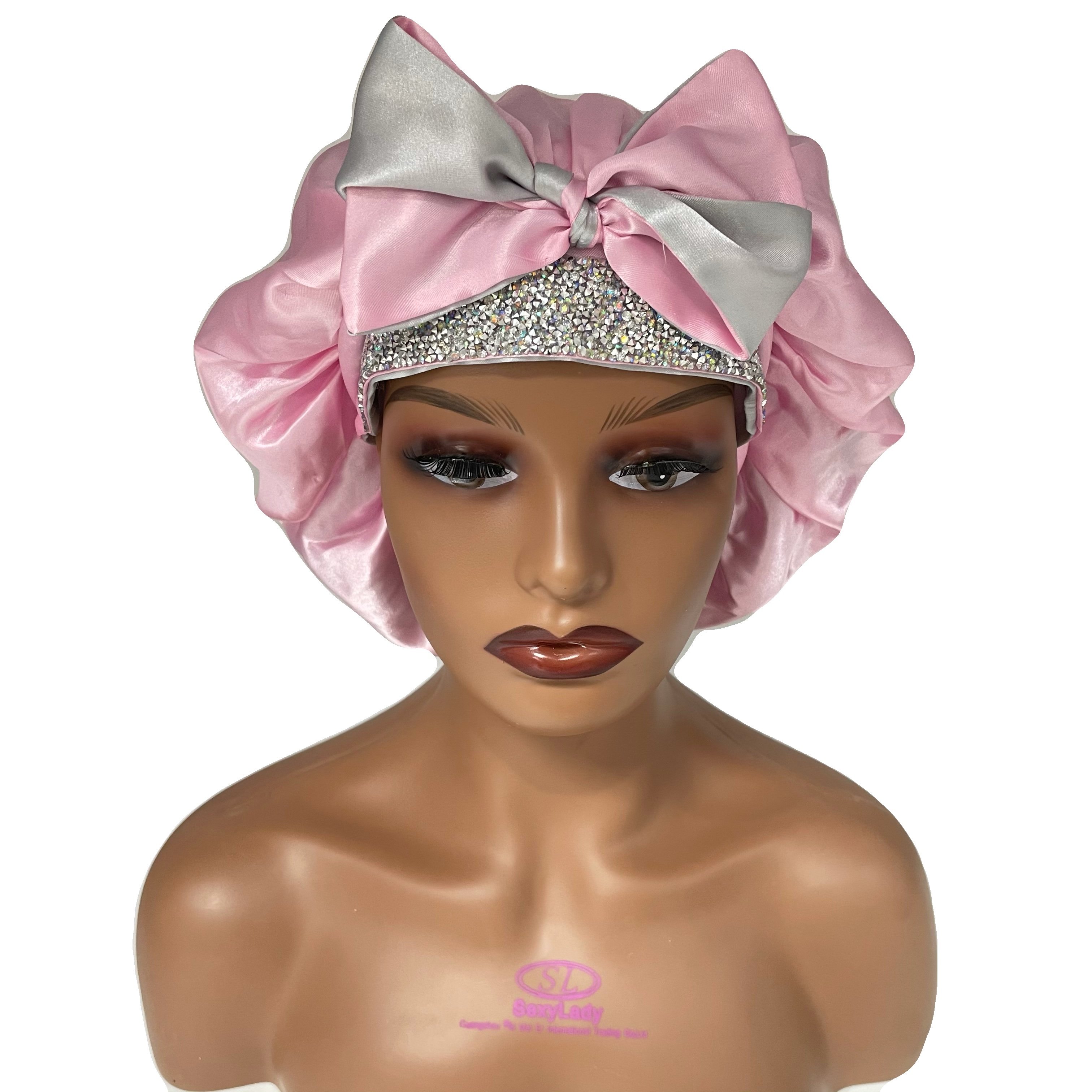Factory selling high quality luxury silk tie band bonnets custom fashion women bling diamond satin silk hair bonnets