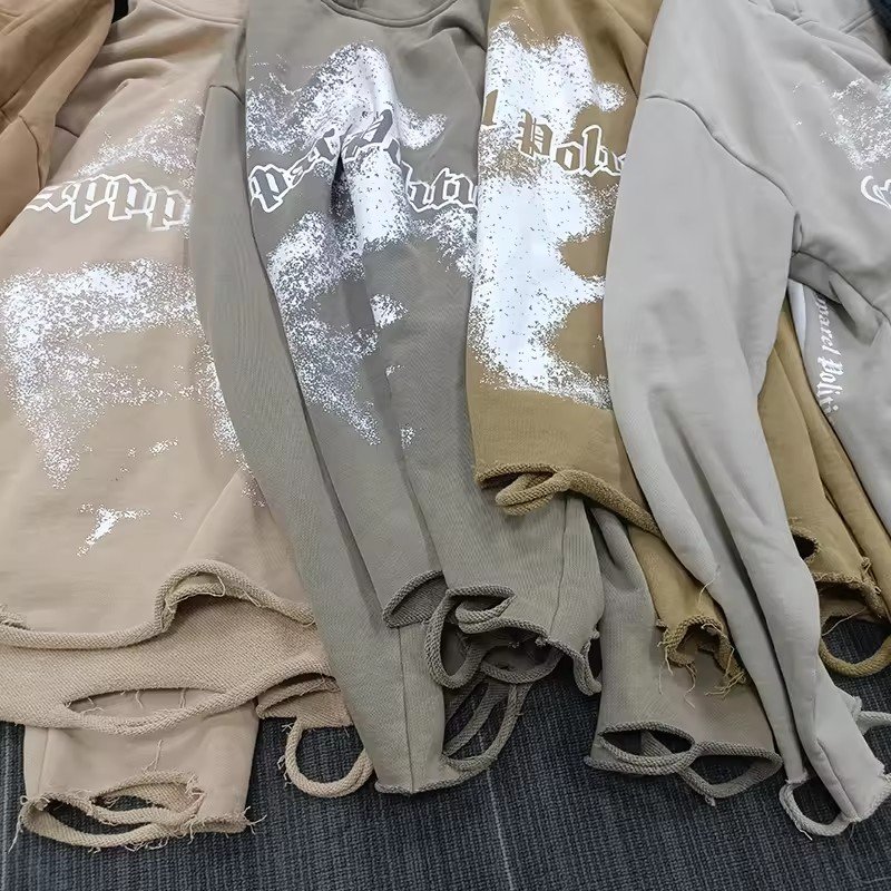 Custom high quality cotton french terry acid wash cut hem hoodie distressed raw hem hoodie screen print vintage washed hoodie