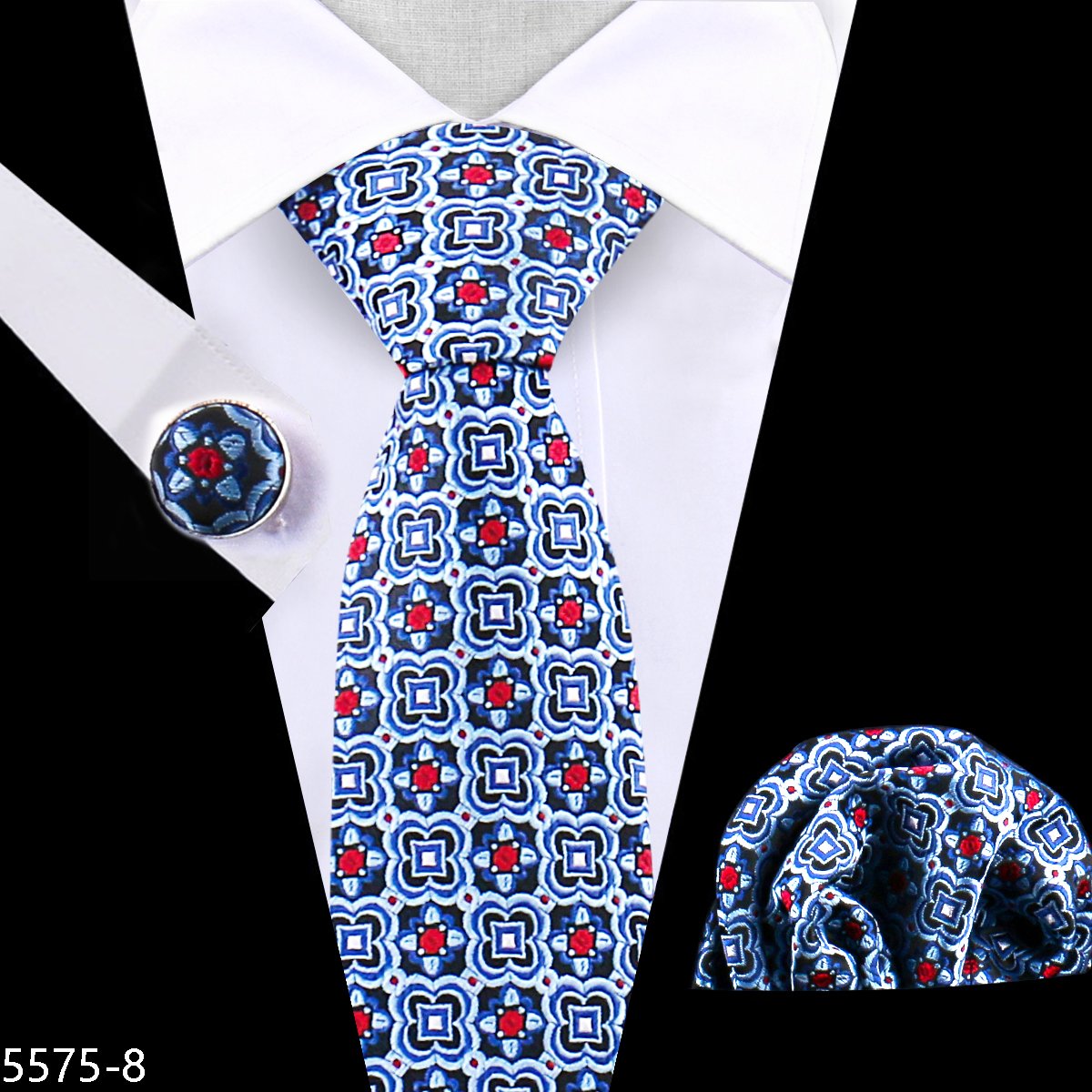 2024 Navy Floral Silk Luxury Tie For Men Set Polyester Wedding Men's Tie Set Custom Tie And Handkerchief Set