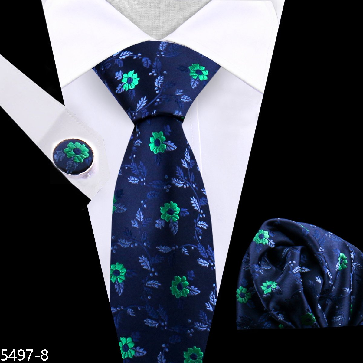2024 Navy Floral Silk Luxury Tie For Men Set Polyester Wedding Men's Tie Set Custom Tie And Handkerchief Set