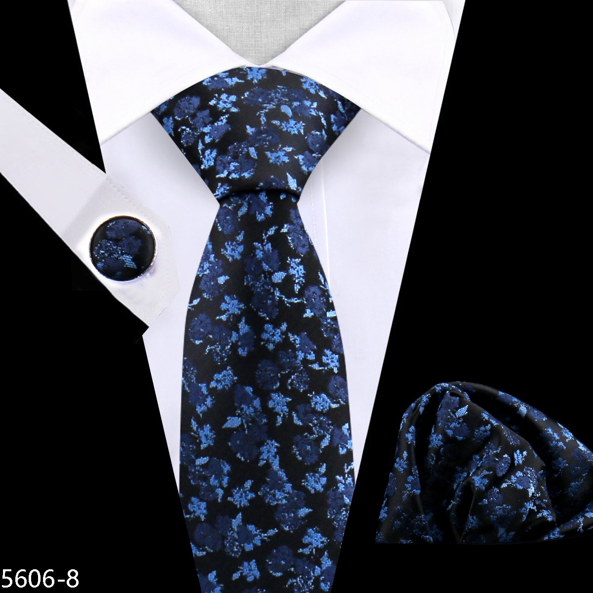 2024 Navy Floral Silk Luxury Tie For Men Set Polyester Wedding Men's Tie Set Custom Tie And Handkerchief Set