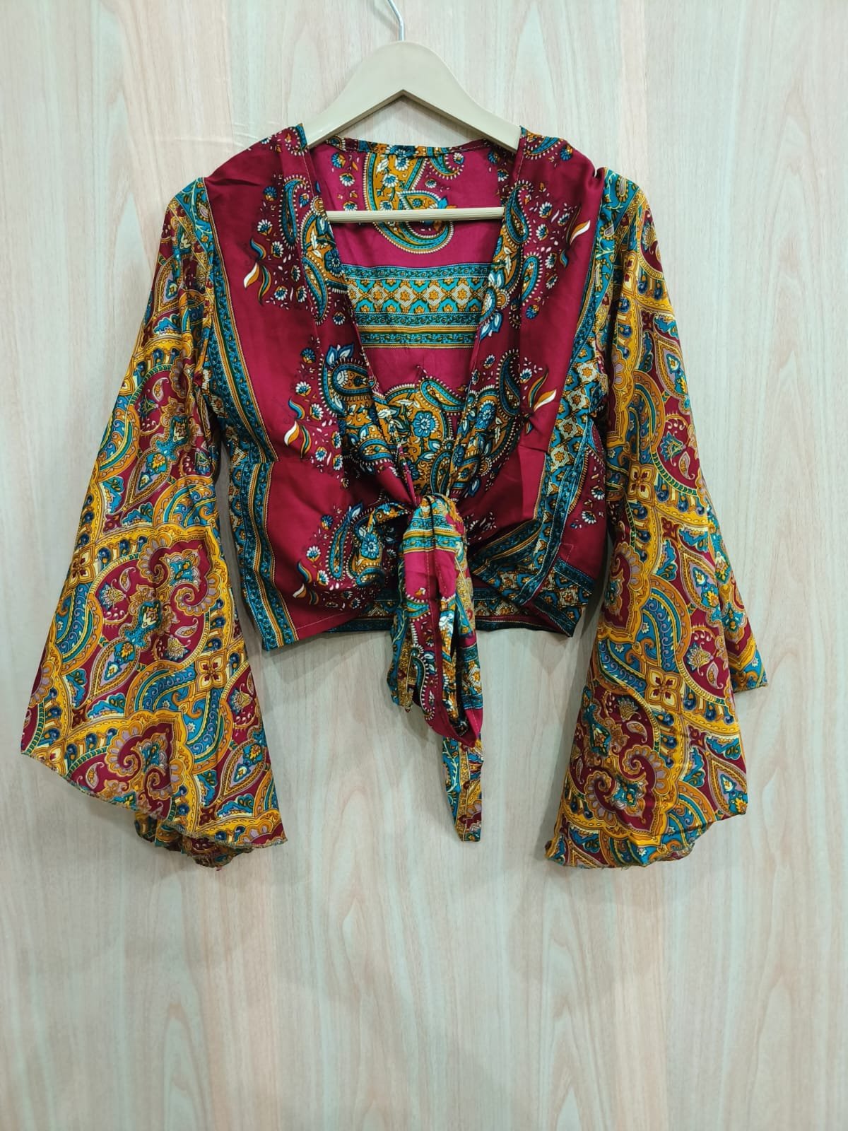 Indian Silk Wrap Top Handmade Boho Hippie Front Bell Sleeve Top Crepe Silk Top Silk Blouse For Women