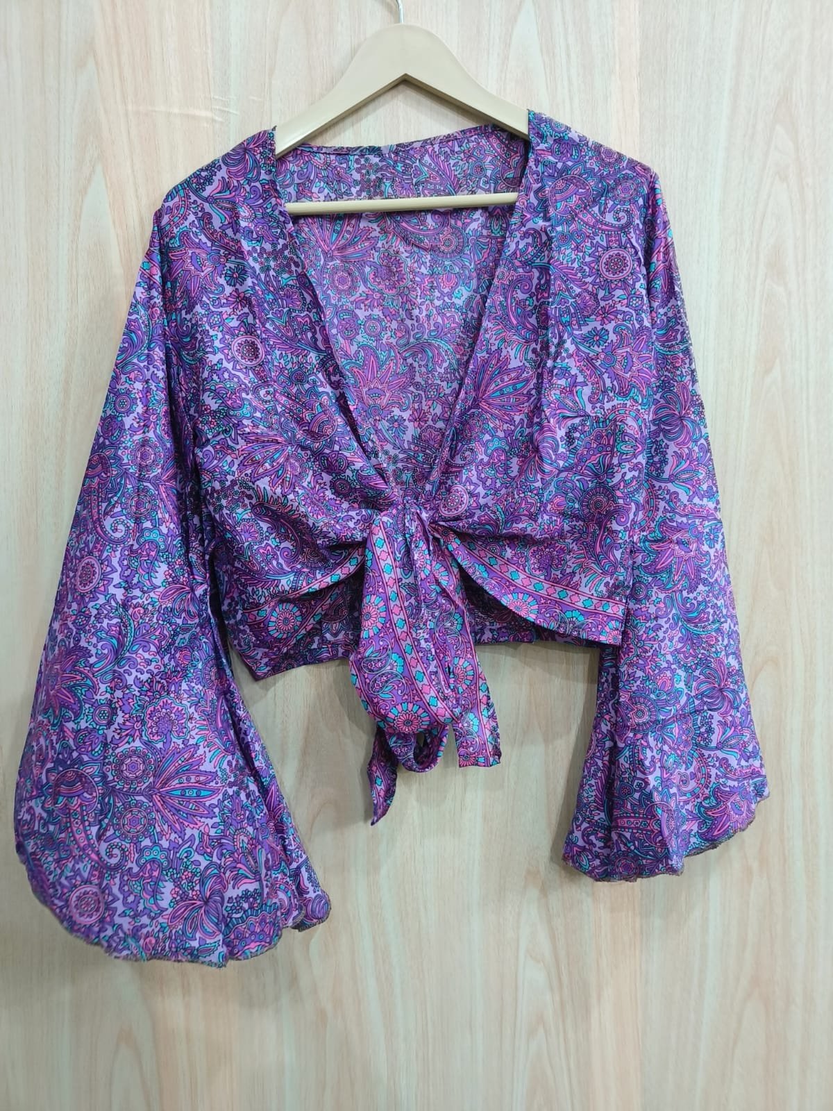 Indian Silk Wrap Top Handmade Boho Hippie Front Bell Sleeve Top Crepe Silk Top Silk Blouse For Women