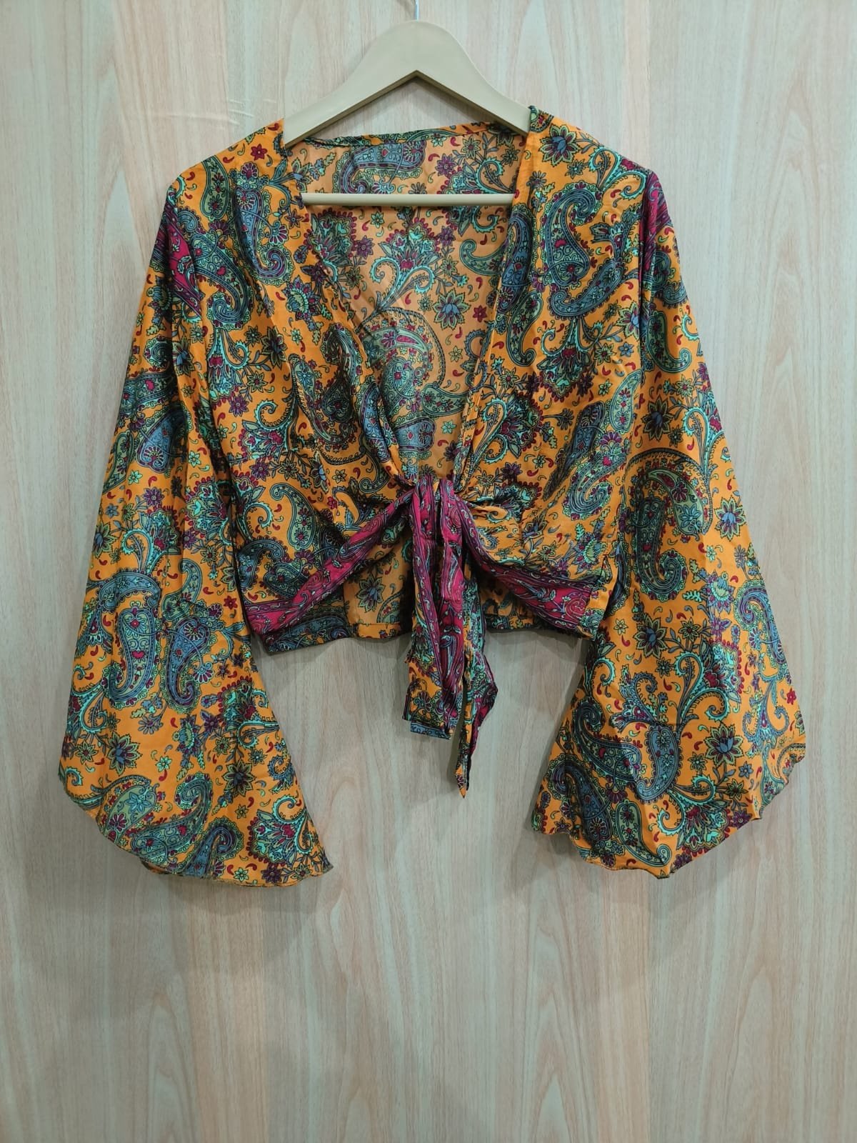 Indian Silk Wrap Top Handmade Boho Hippie Front Bell Sleeve Top Crepe Silk Top Silk Blouse For Women