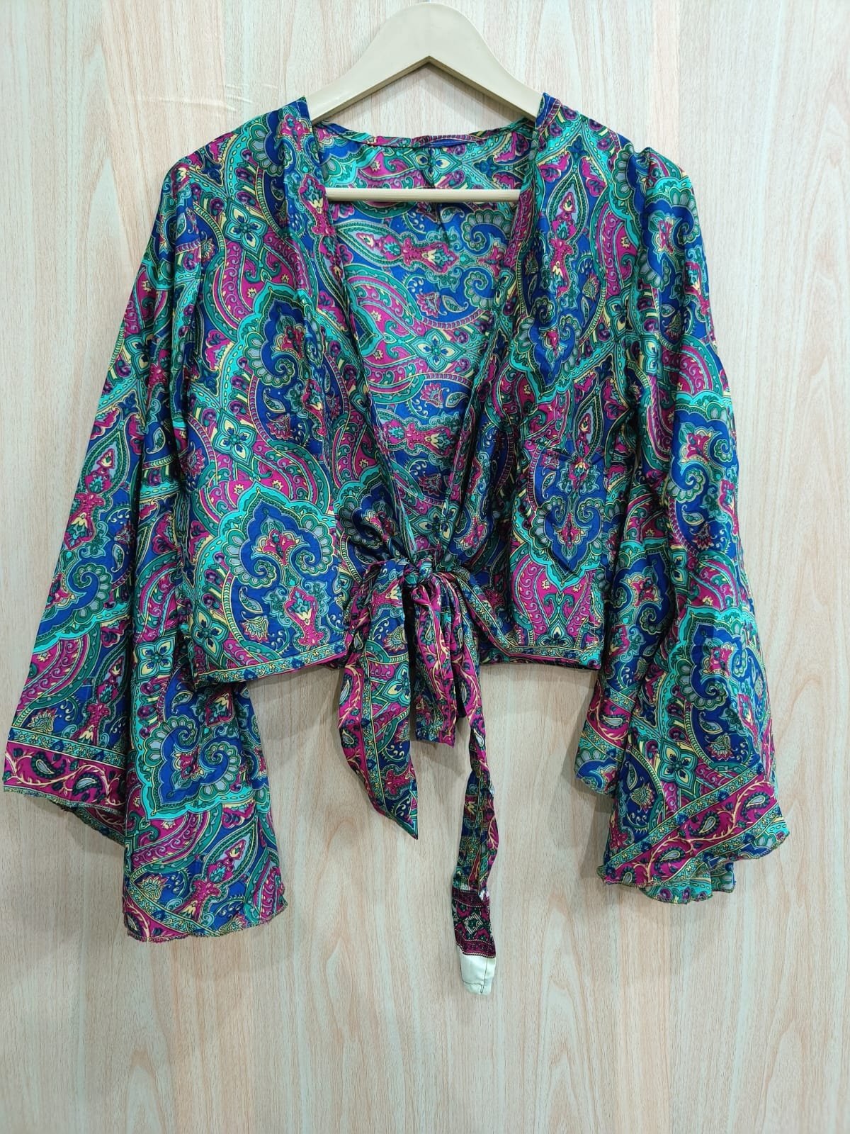 Indian Silk Wrap Top Handmade Boho Hippie Front Bell Sleeve Top Crepe Silk Top Silk Blouse For Women