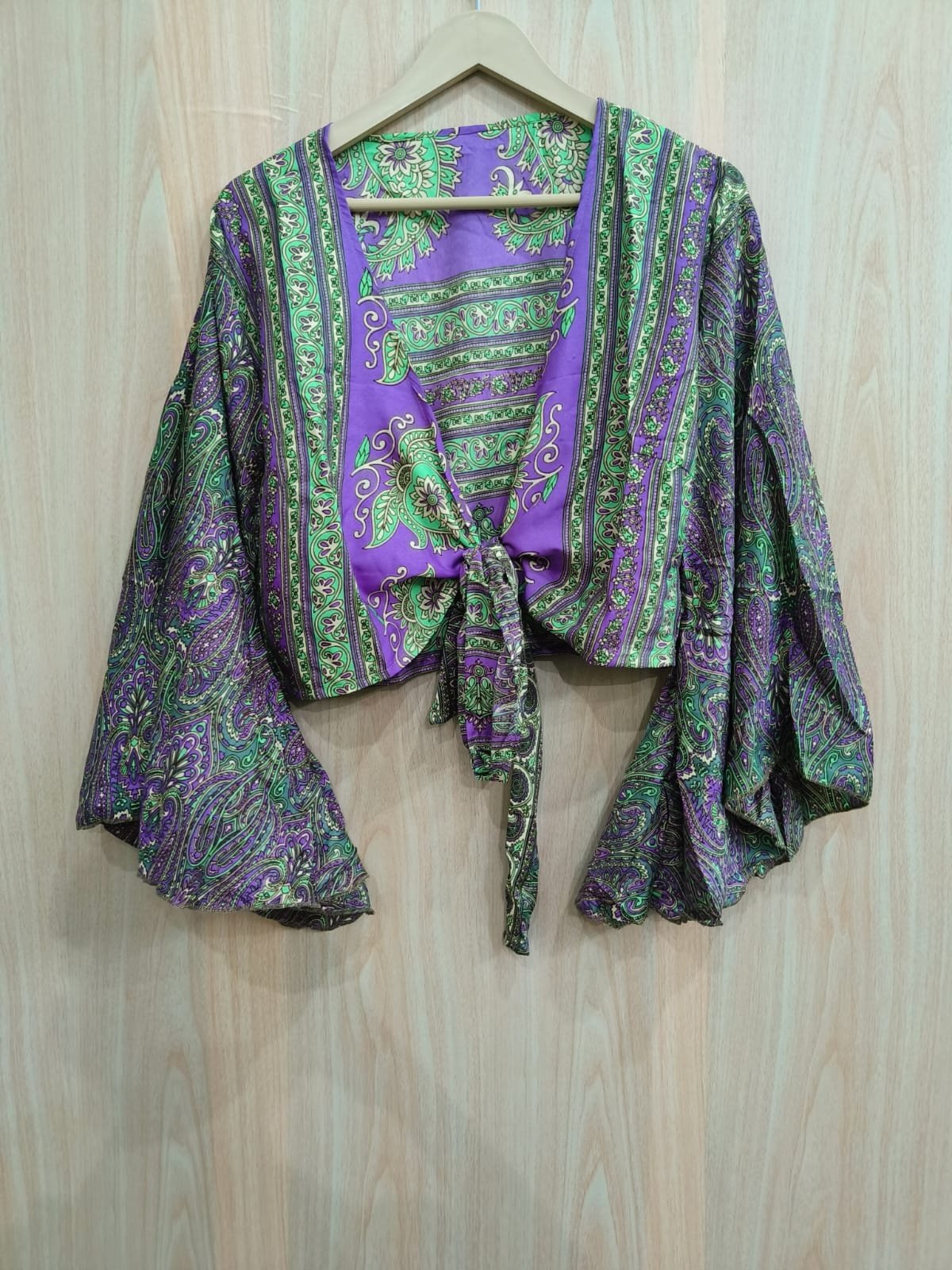 Indian Silk Wrap Top Handmade Boho Hippie Front Bell Sleeve Top Crepe Silk Top Silk Blouse For Women