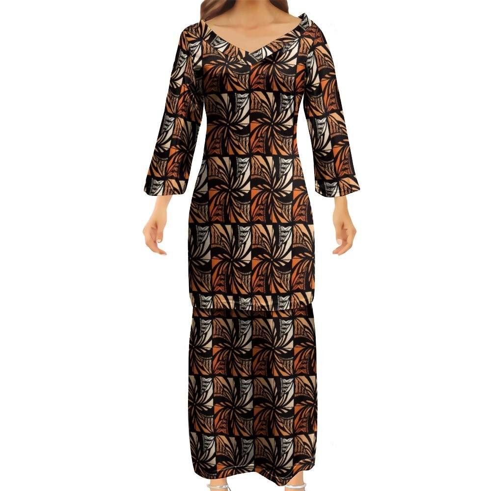 New Ptaha Polynesian Samoa Tonga Hawaii puletasi church uniform custom women 2 piece sets tapa design Pacific Island dress