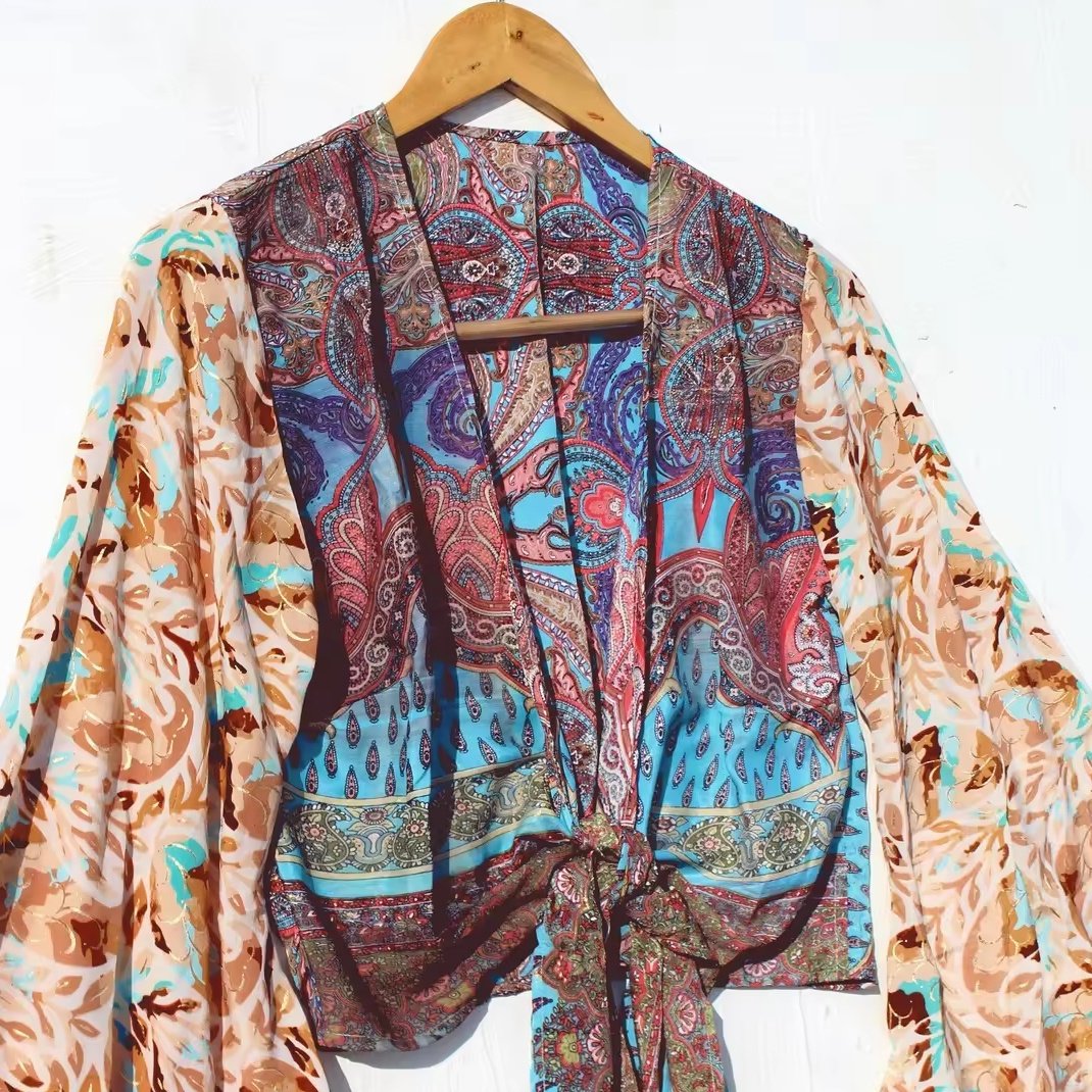 New Arrival Hippie Beach Wear Silk Tie Top Bell Sleeve Cardigan Crop Top Boho Top For Women Beach Wear