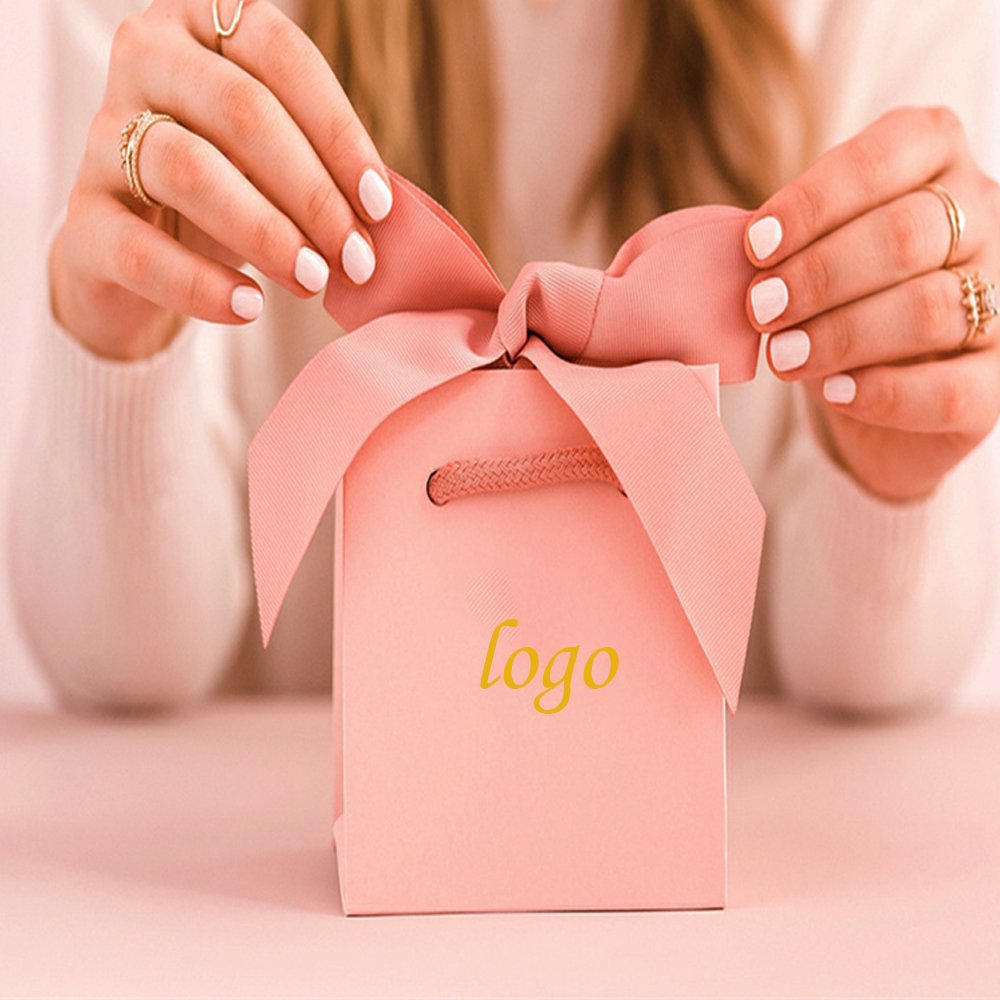 2022 Wholesale Custom Printed Luxury Wedding Favor Packaging Bag Jewelry Bow Tie Ribbon Paper Gift with Foil Gold Logo Boxes