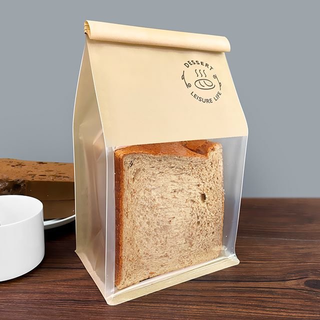 Resealable Brown Kraft Paper Bread Flat Bottom Pouch With Transparent Window And Tin Tie Food Packaging Bag Flexible Packaging