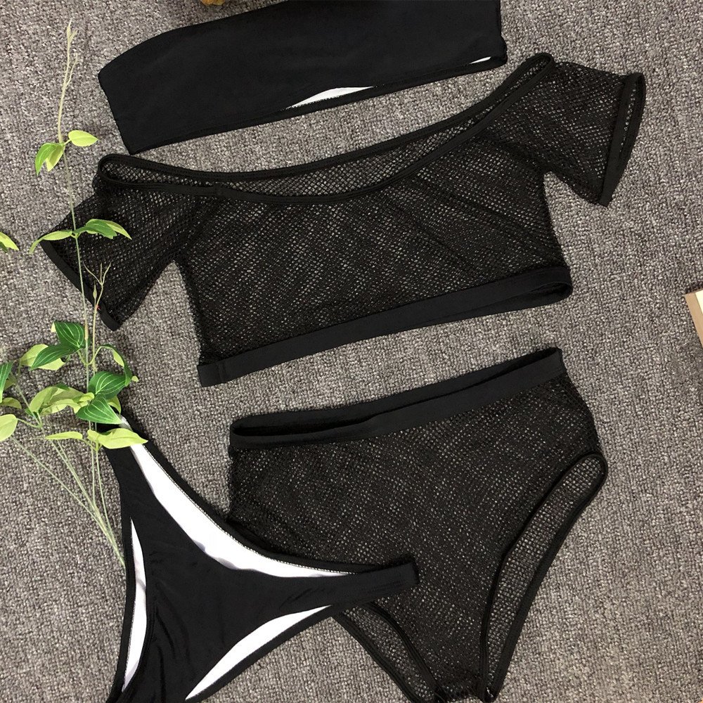 Factory New Retro Mesh Cover Up Women's Sexy Hot Girls Bikini Set Mesh Swimwear Four Pieces Bathing Suit For Women