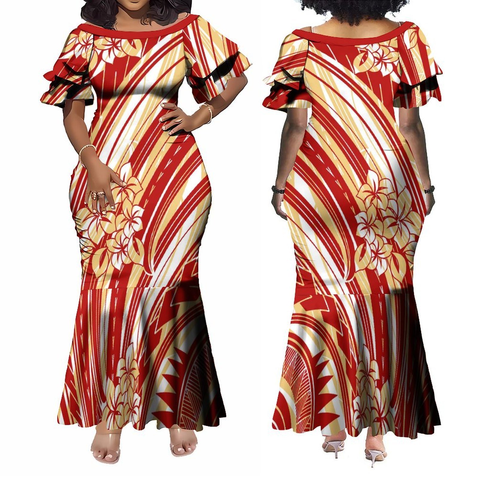 Hot Sales Customized Crew Neck Petal Sleeve Mermaid Party Dress Samoa Polynesian Tribal Design Maxi Bodycon Fishtail Dresses
