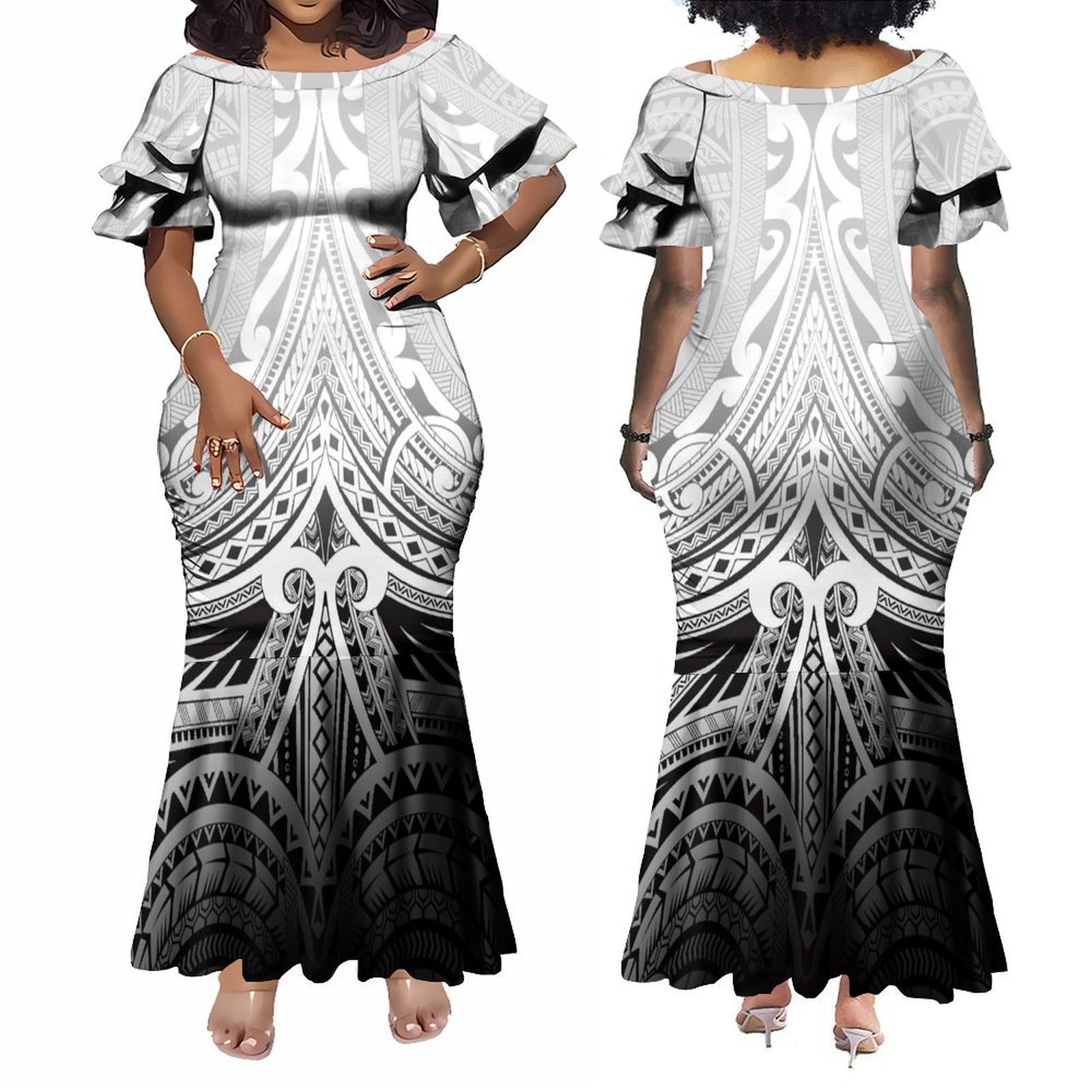 Hot Sales Customized Crew Neck Petal Sleeve Mermaid Party Dress Samoa Polynesian Tribal Design Maxi Bodycon Fishtail Dresses