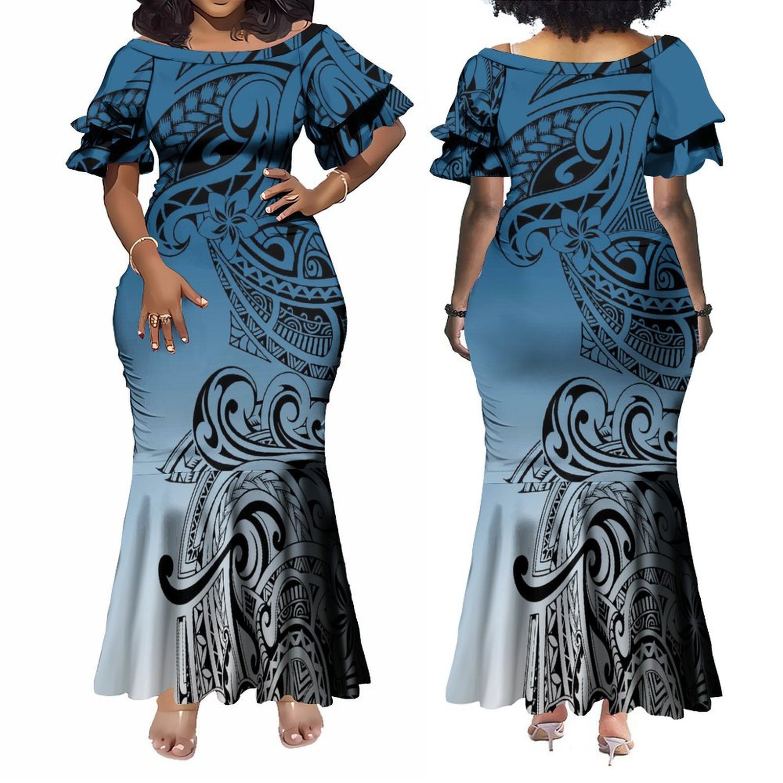 Hot Sales Customized Crew Neck Petal Sleeve Mermaid Party Dress Samoa Polynesian Tribal Design Maxi Bodycon Fishtail Dresses