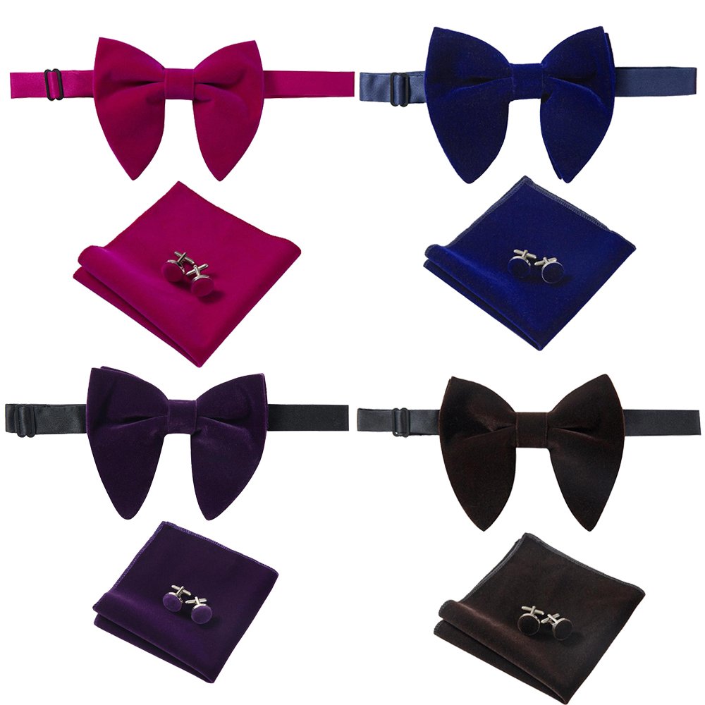 New Arrival Velvet Big Bowties Solid Handkerchief Cufflinks Bow Tie Set Red Yellow Men's Neck Ties for Wedding