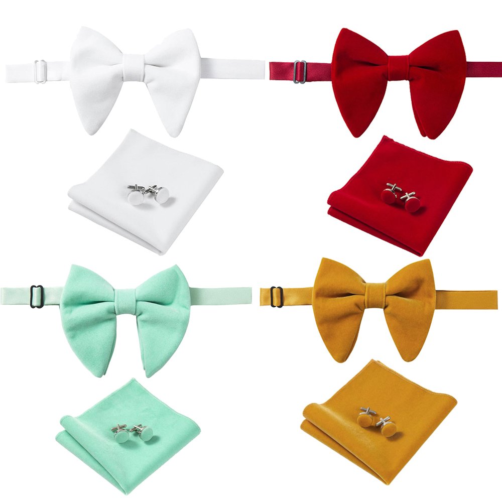New Arrival Velvet Big Bowties Solid Handkerchief Cufflinks Bow Tie Set Red Yellow Men's Neck Ties for Wedding