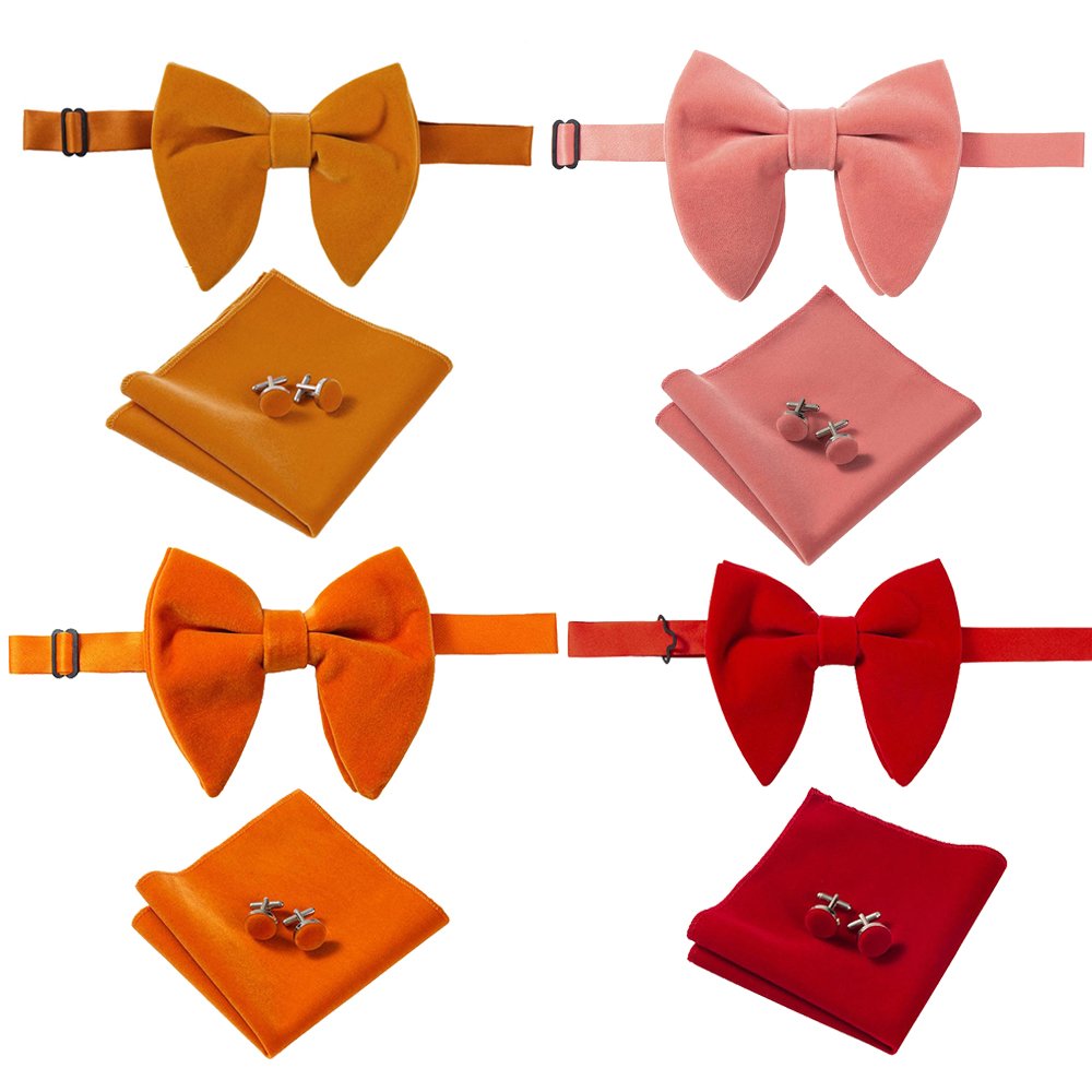 New Arrival Velvet Big Bowties Solid Handkerchief Cufflinks Bow Tie Set Red Yellow Men's Neck Ties for Wedding