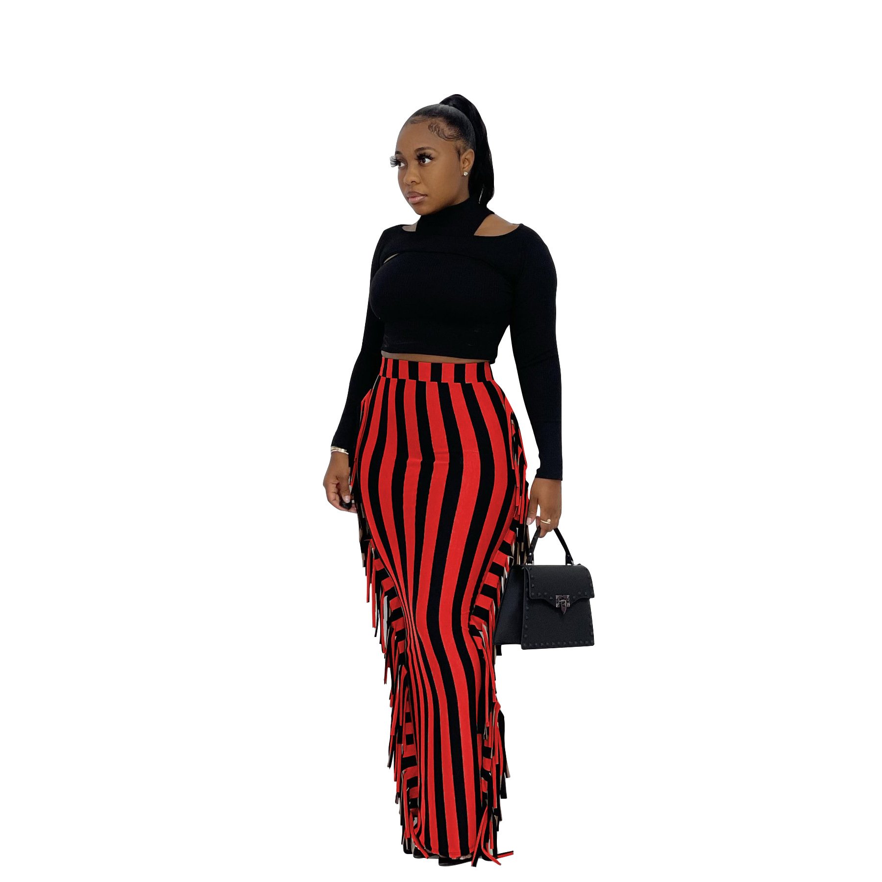 European and American women's pencil skirt, long skirt, striped printed floral tassel skirt