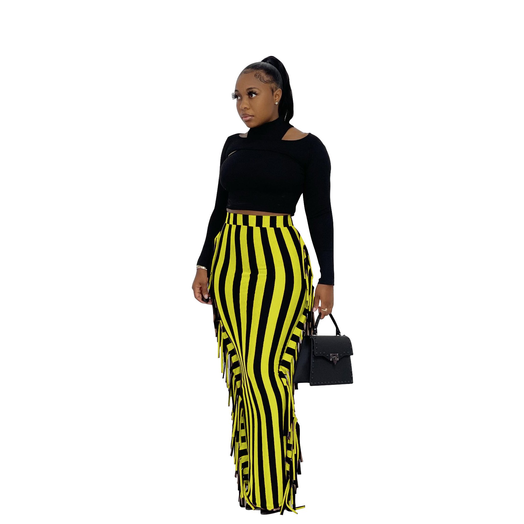 European and American women's pencil skirt, long skirt, striped printed floral tassel skirt