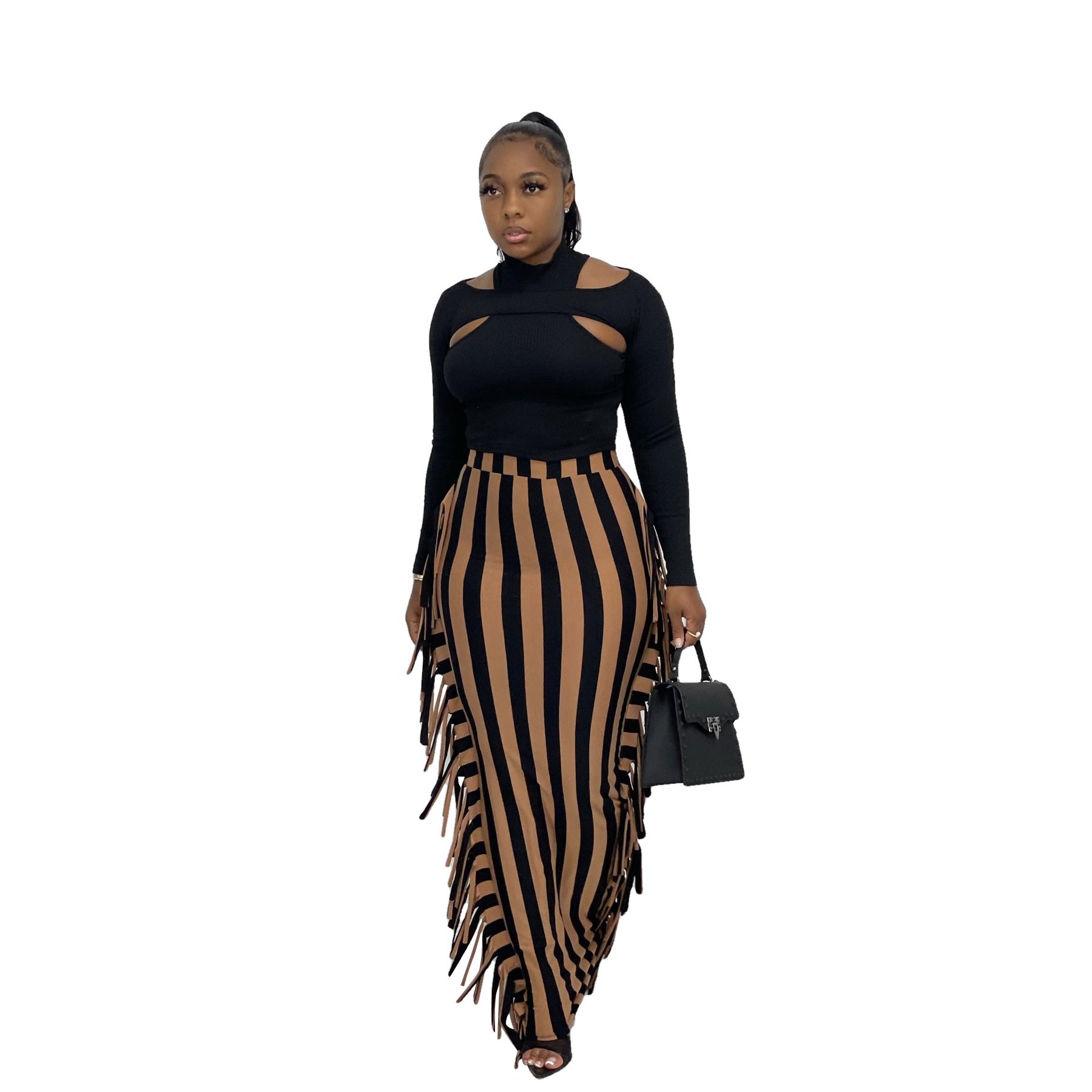European and American women's pencil skirt, long skirt, striped printed floral tassel skirt
