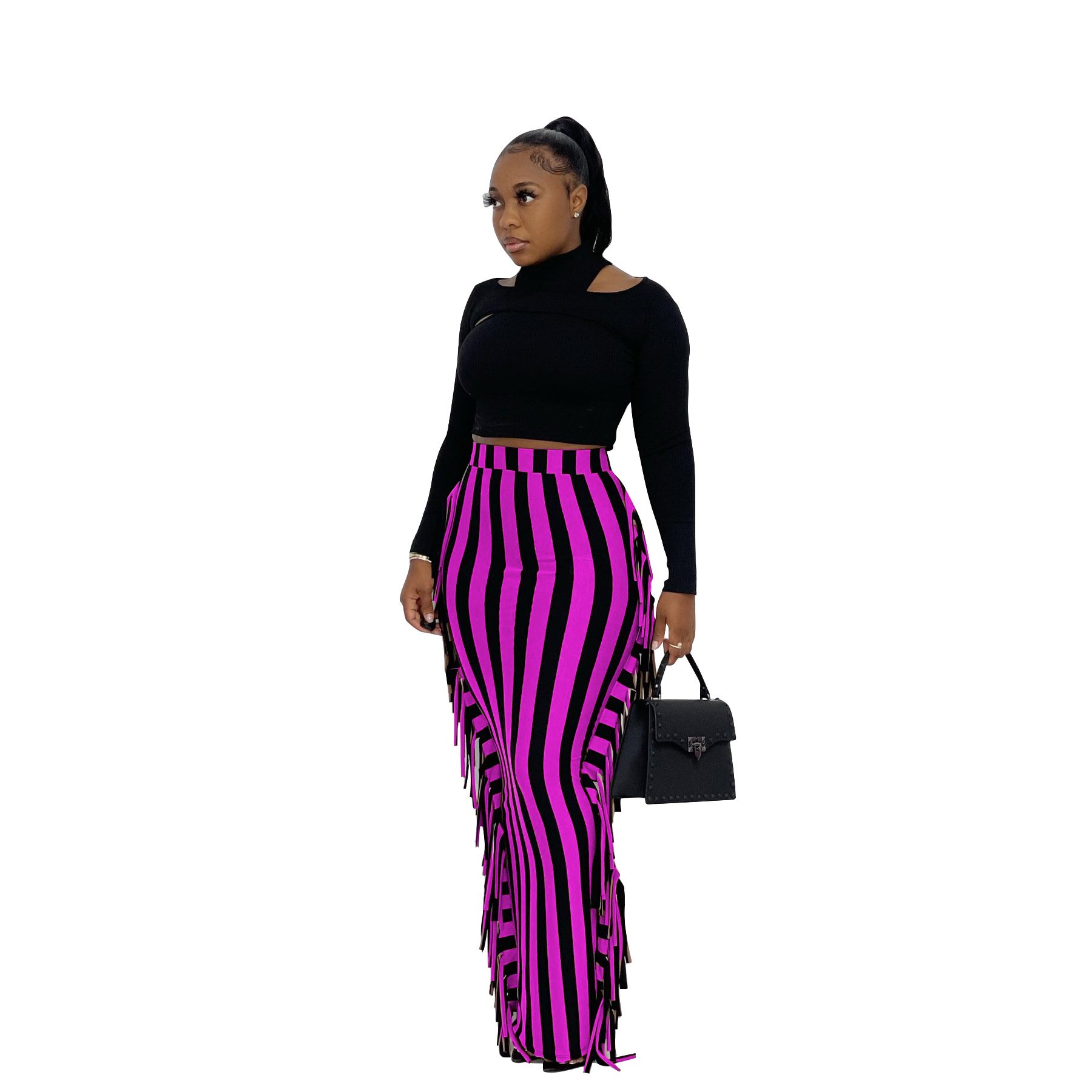 European and American women's pencil skirt, long skirt, striped printed floral tassel skirt