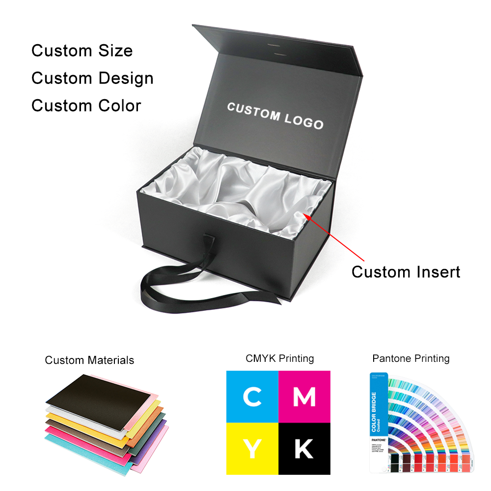 logo printed satin ribbon jewelry gift box bow reusable cardboard black magnetic lined boxes string white satin box