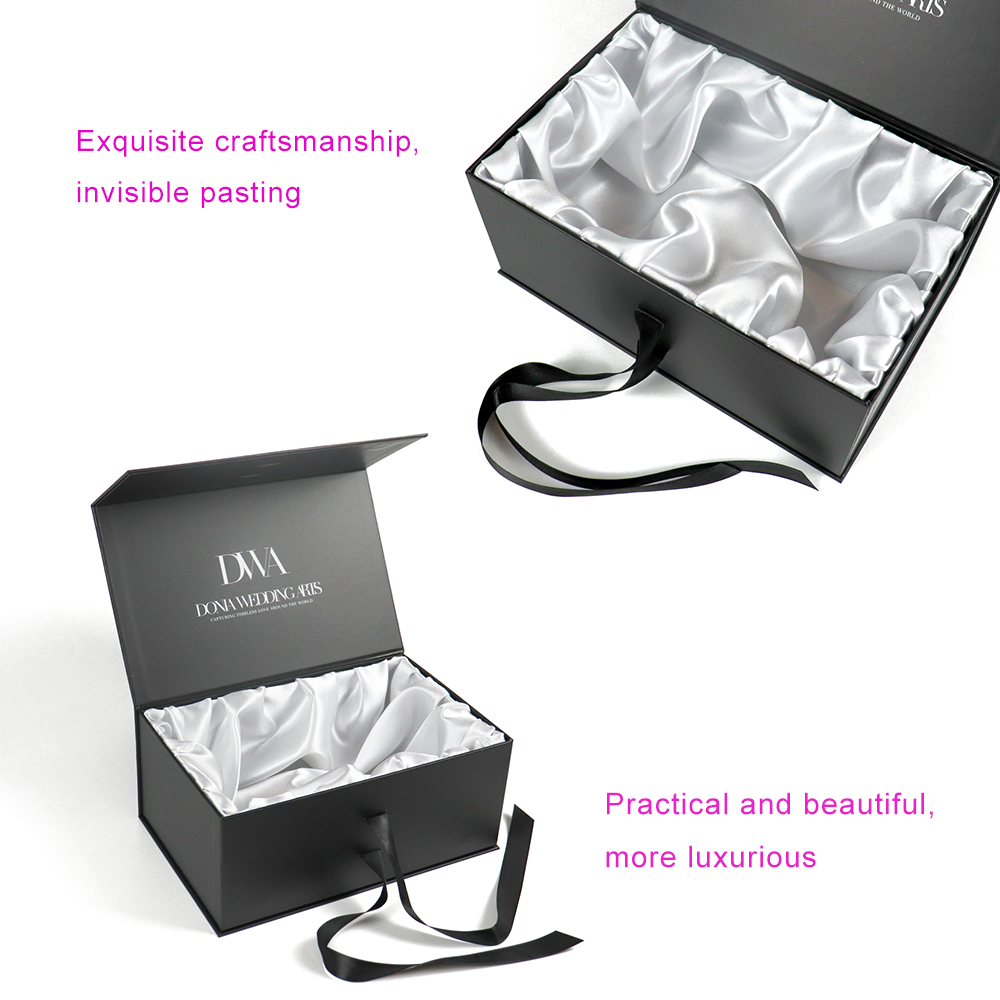 logo printed satin ribbon jewelry gift box bow reusable cardboard black magnetic lined boxes string white satin box