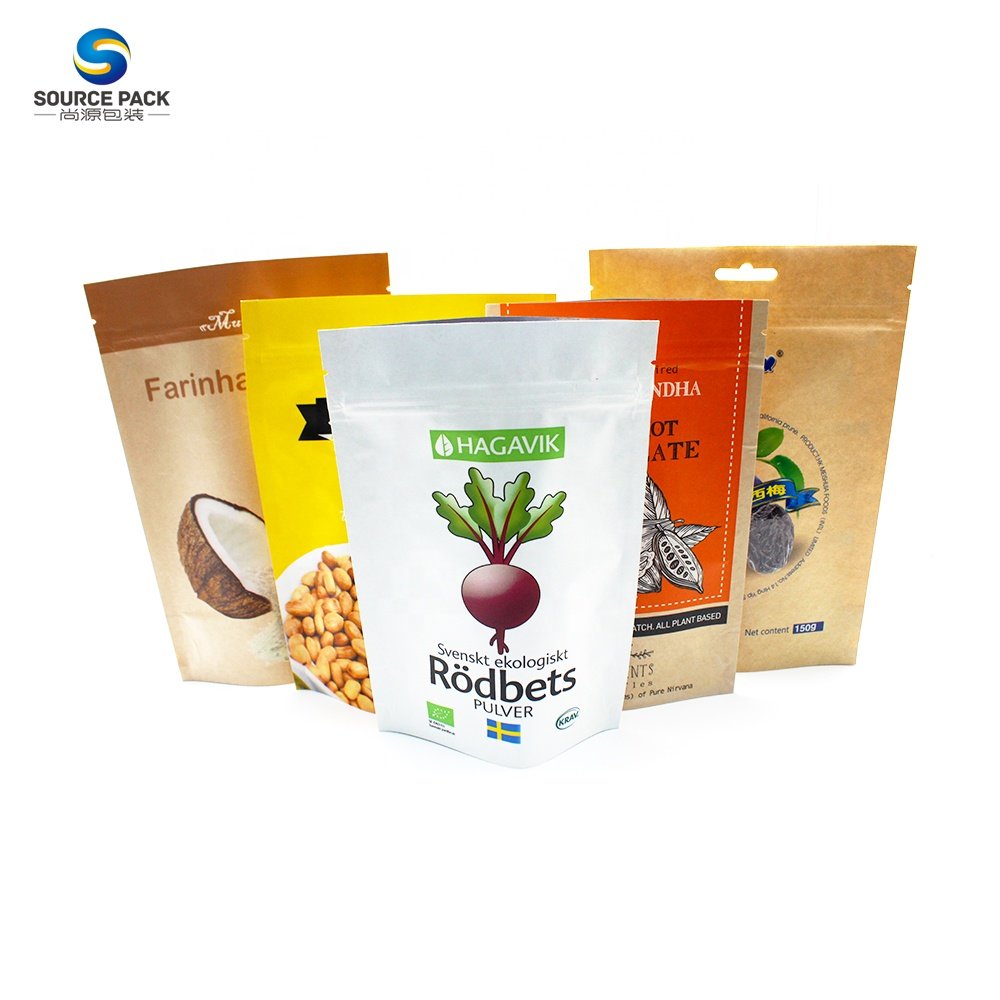 Custom Printed High Quality Stand Up Zip Lock Brown Kraft Paper Tea Bag For Organic Food Powder Packaging