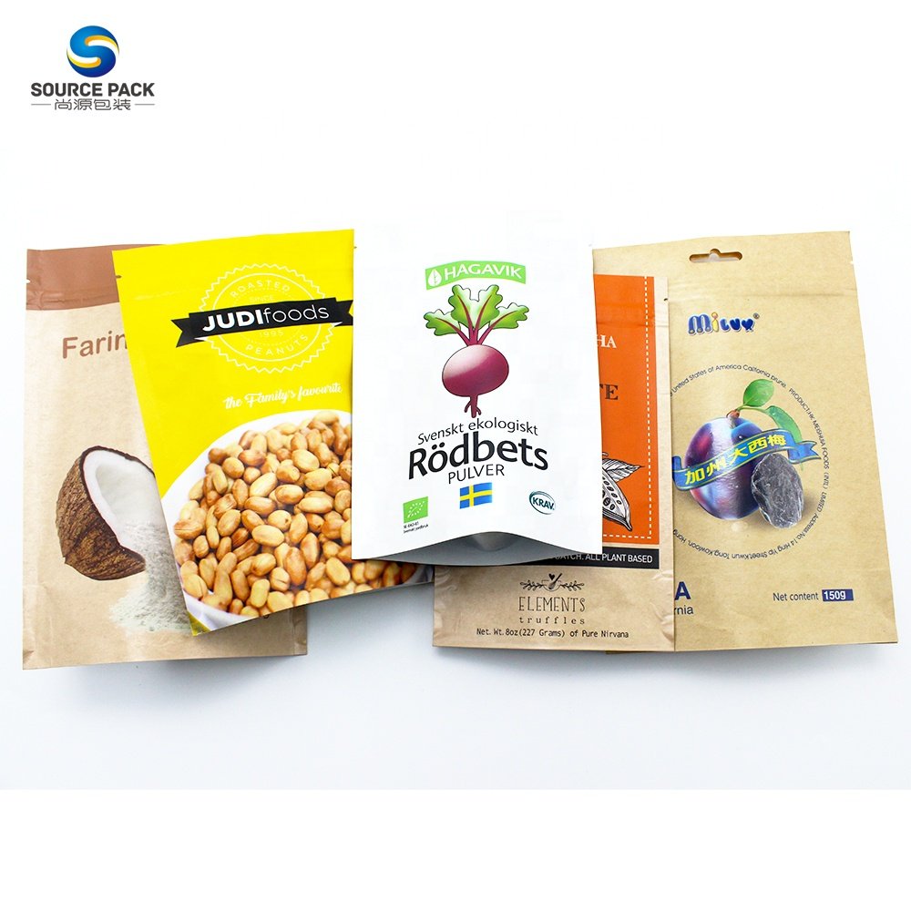 Custom Printed High Quality Stand Up Zip Lock Brown Kraft Paper Tea Bag For Organic Food Powder Packaging