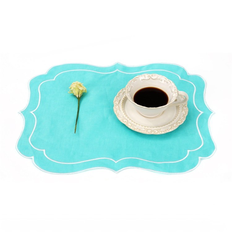 Dinner Restaurant Hemstitch Handkerchief Cloth Embroider scalloped edge White Linen Fabric Table Napkin